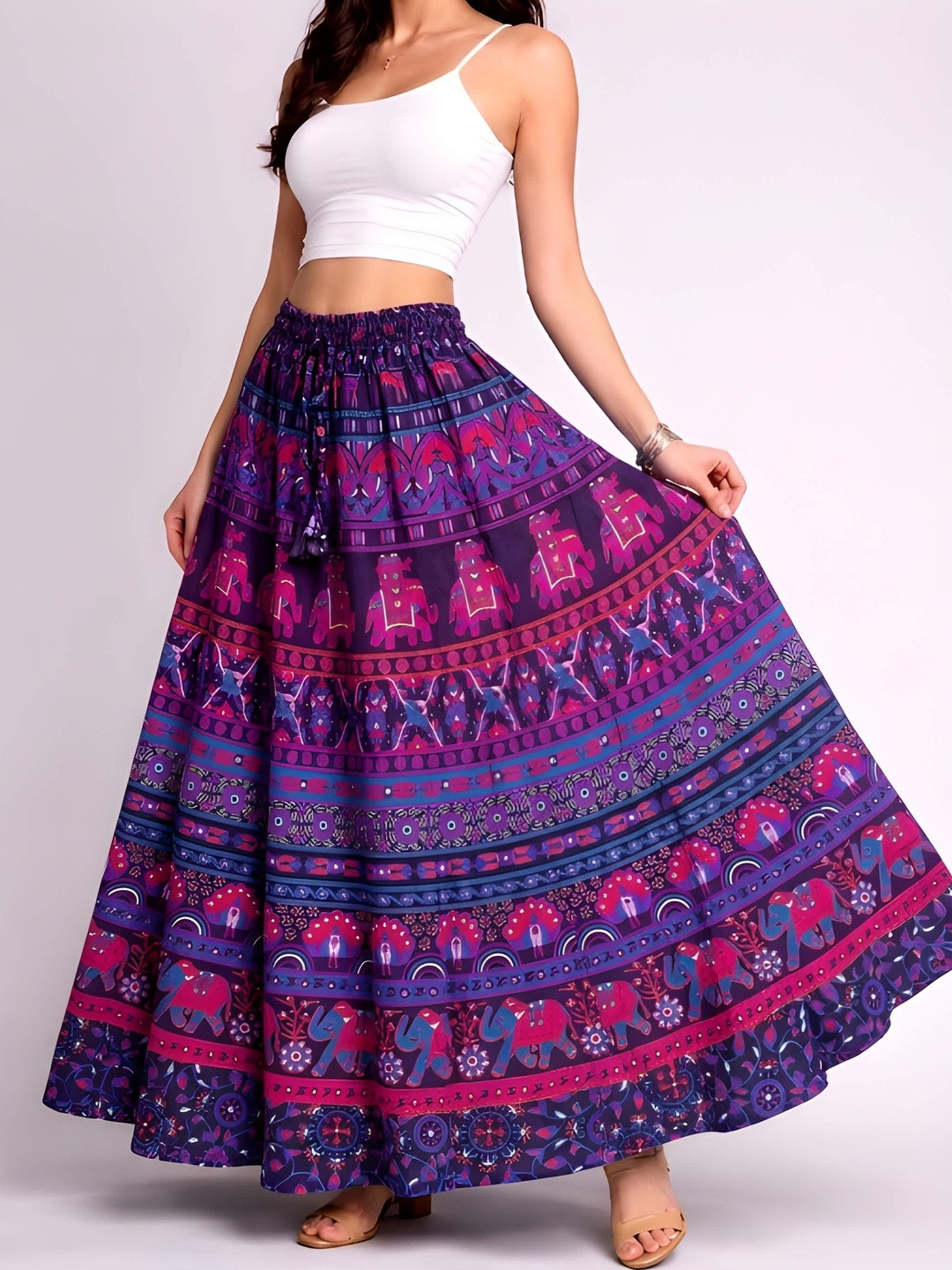 HARAYE Women Pure Cotton Cotton Cambric Floral Maxi Flared Skirt