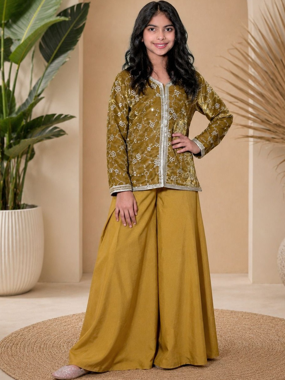 Sangria Girls Printed Satin Round Neck Kurta & Palazzos