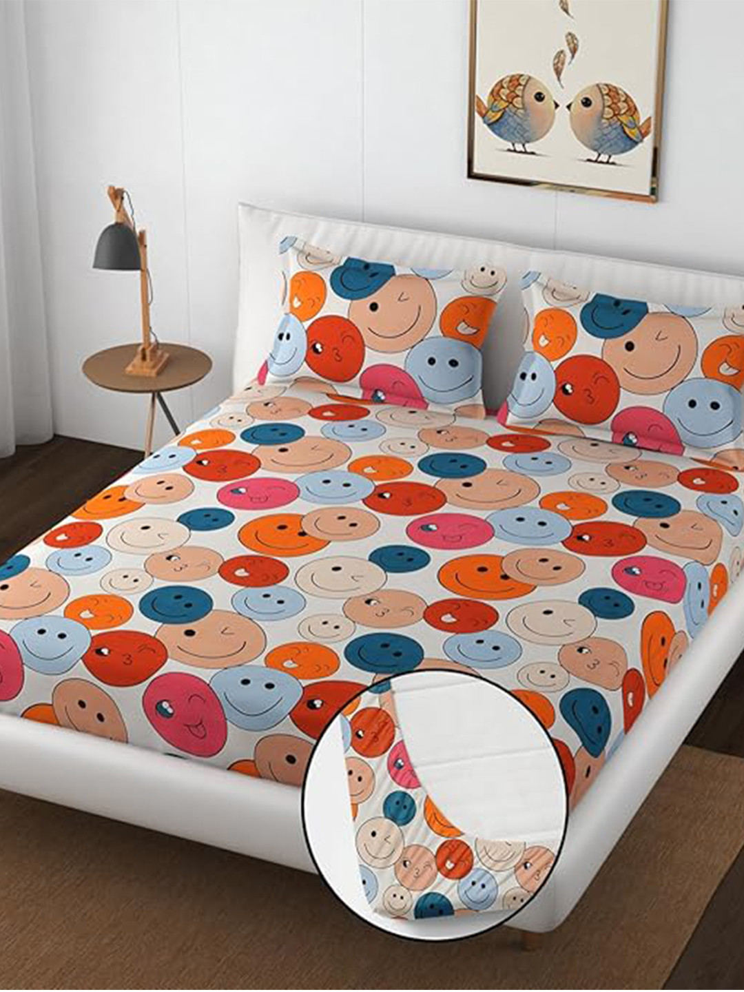 LUZDECOR Multicoloured Conversational King Bedsheet with 2 Pillow Covers