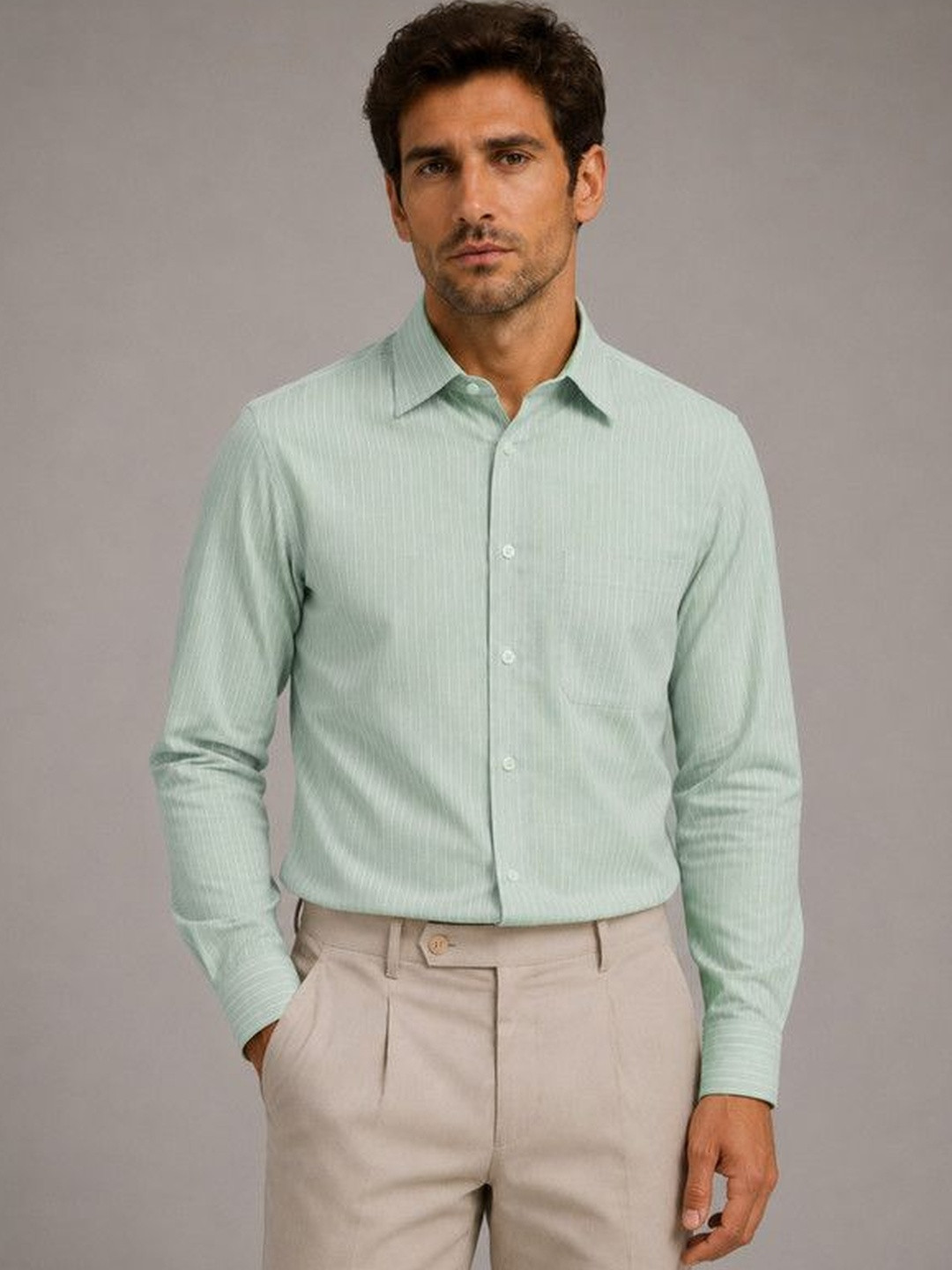 FRANKSHIRT Men Pista Green Pinstriped Oxford Cotton Regular Fit Full Sleeve Casual Shirt