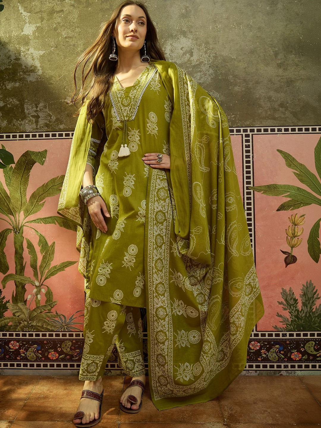 Sangria Embroidered Pure Cotton V-Neck Top & Trousers With Dupatta