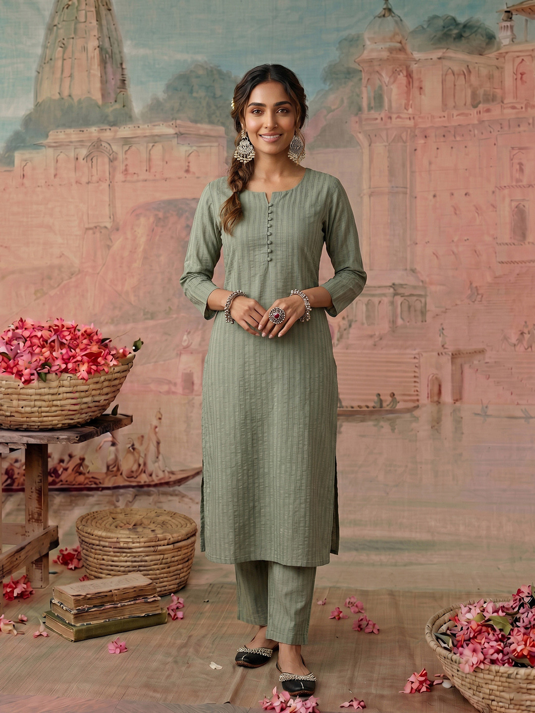 NAVYAAZRI Women Striped Regular Kurta with Trousers