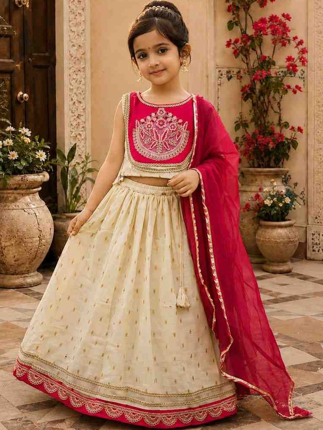 KALINI Girls Embroidered Tie and Dye Ready to Wear Lehenga & Blouse With Dupatta