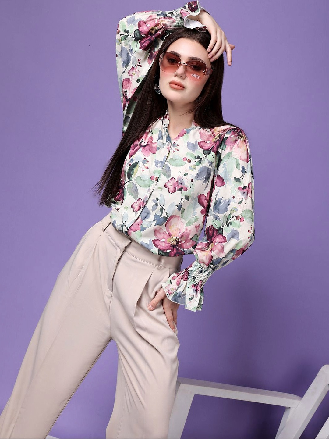 Fabway Clothing Women Classic Slim Fit Floral Opaque Printed Party Shirt