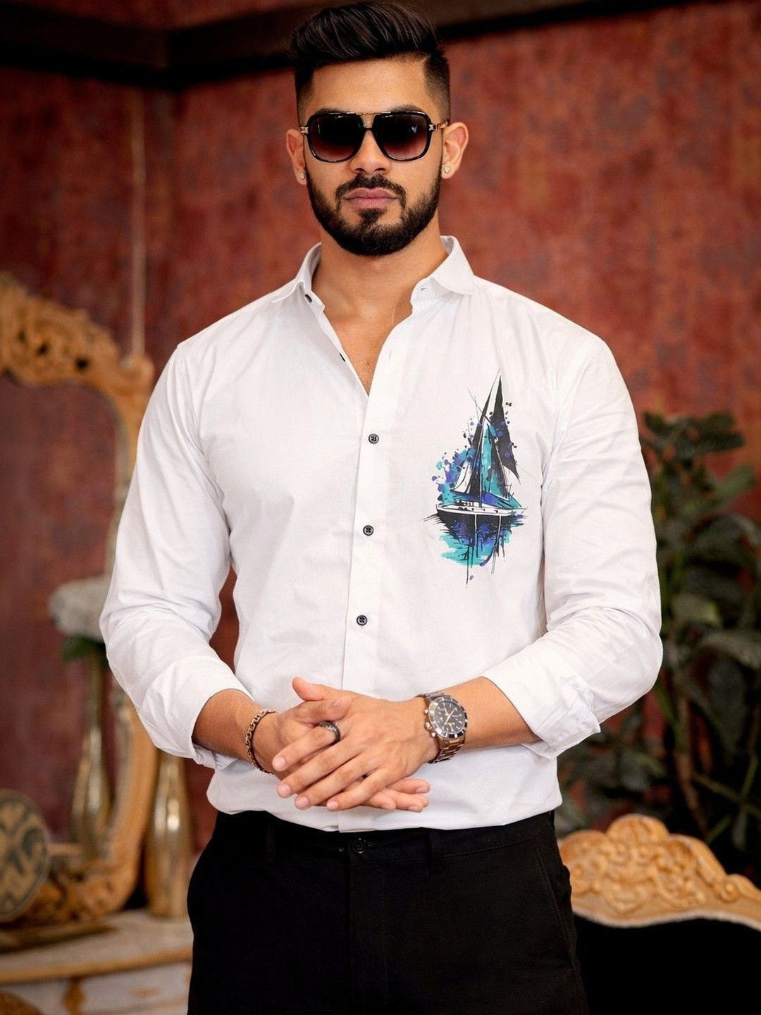 Foomer Men Classic Graphic Printed Spread Collar Casual Shirt