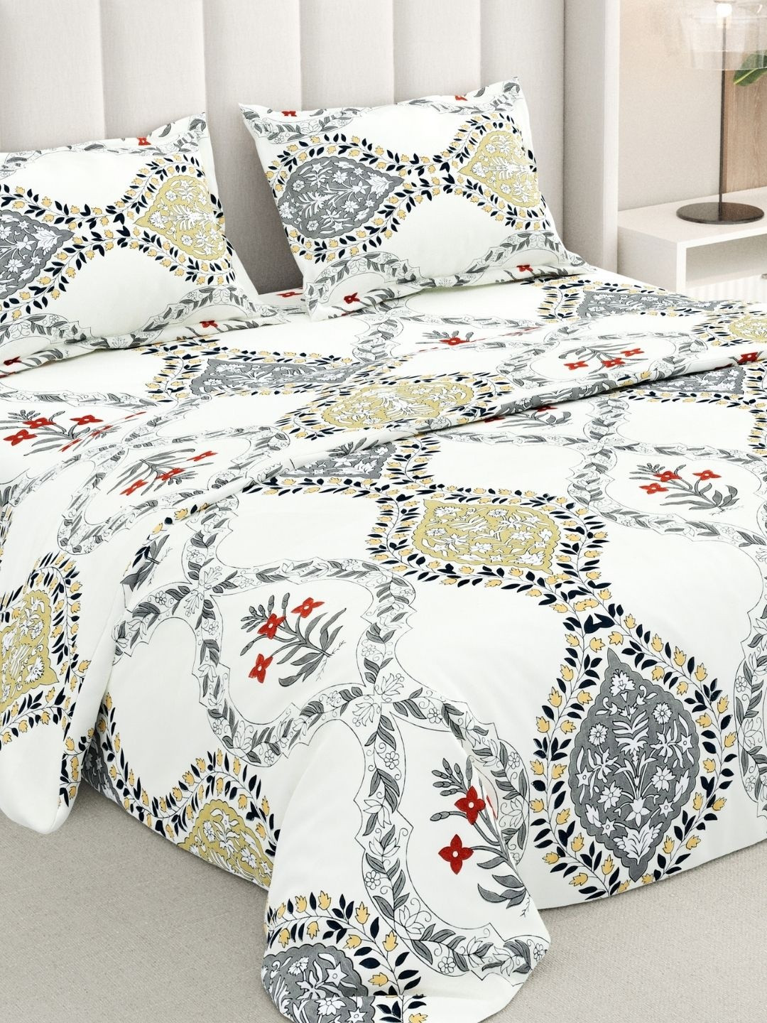 RIVERMOOR White Ethnic Motifs 200 TC Bedsheet with 2 Pillow Covers