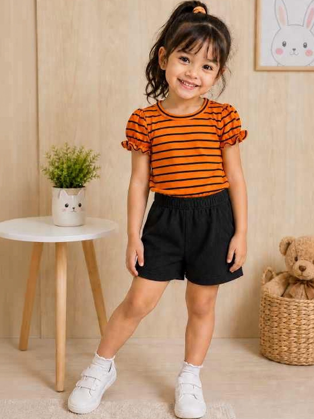 RAMIAAZ Girls Striped T-shirt with Shorts