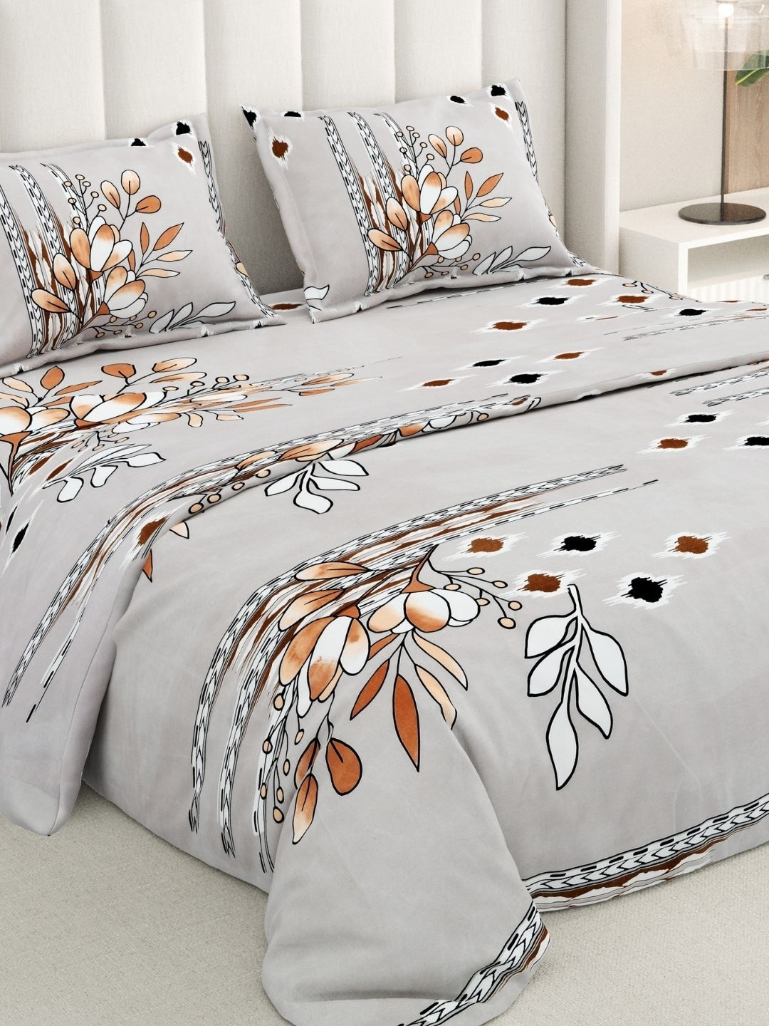RIVERMOOR Grey Floral 200 TC Bedsheet with 2 Pillow Covers