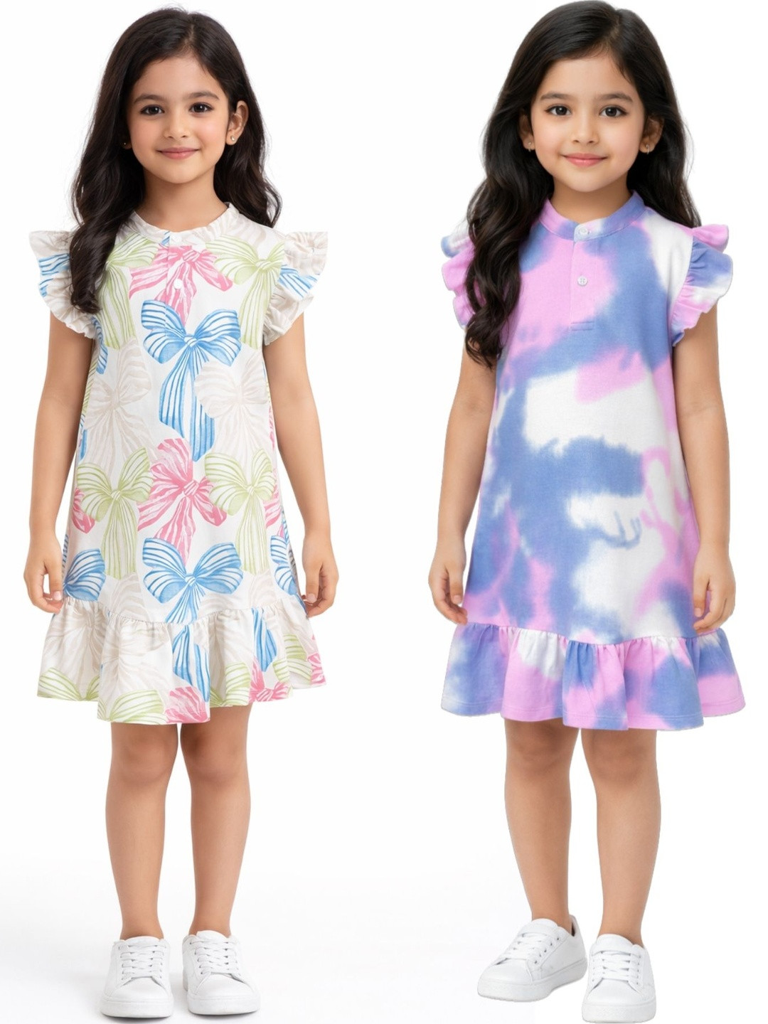 Anthrilo Girls Blue Pack Of 2 Floral Printed Flutter Sleeve Bow A-Line Dress