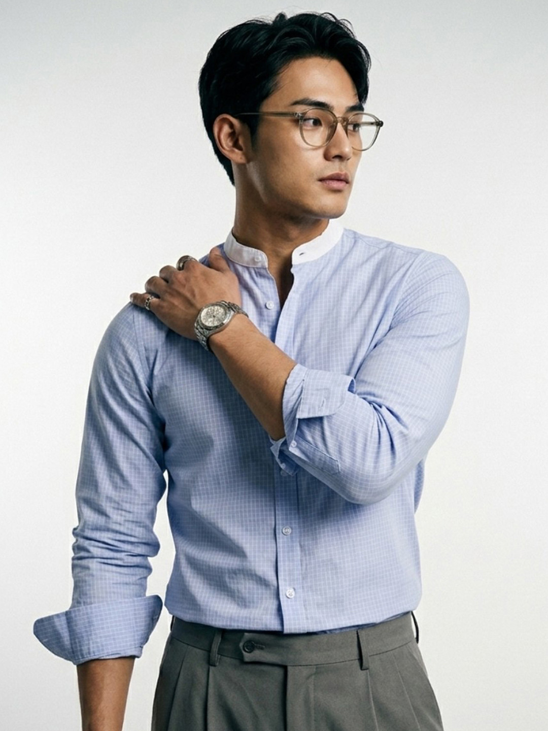 OvrWrk Regular Fit Band Collar Checked Casual Shirt