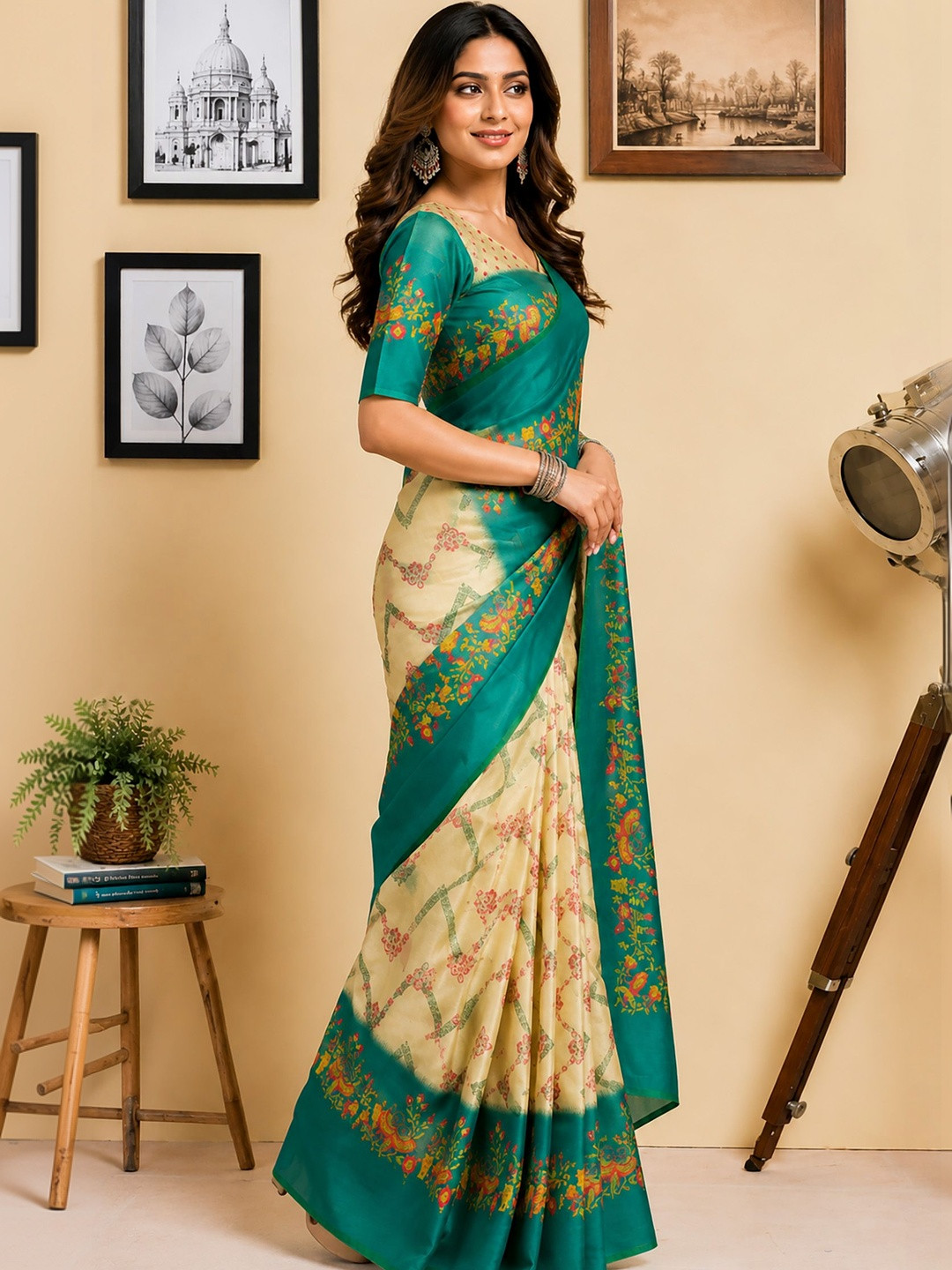 Elora Cream & Rama Green Chanderi Cotton Chevron Zig-Zag Printed Ready To Wear Saree