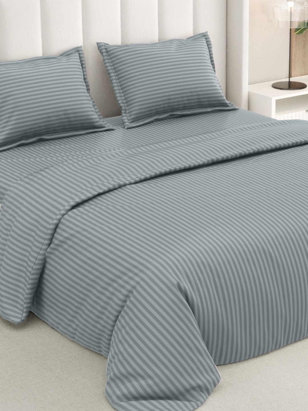 RIVERMOOR Grey Striped 200 TC Bedsheet with 2 Pillow Covers