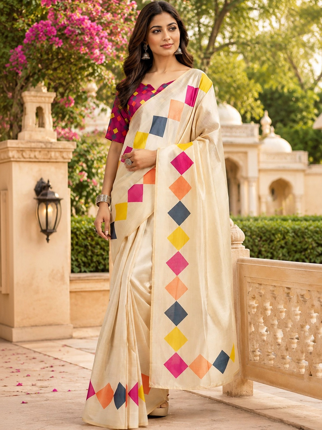 elora Cream Chanderi Cotton Geometric Printed Ready To Wear Saree