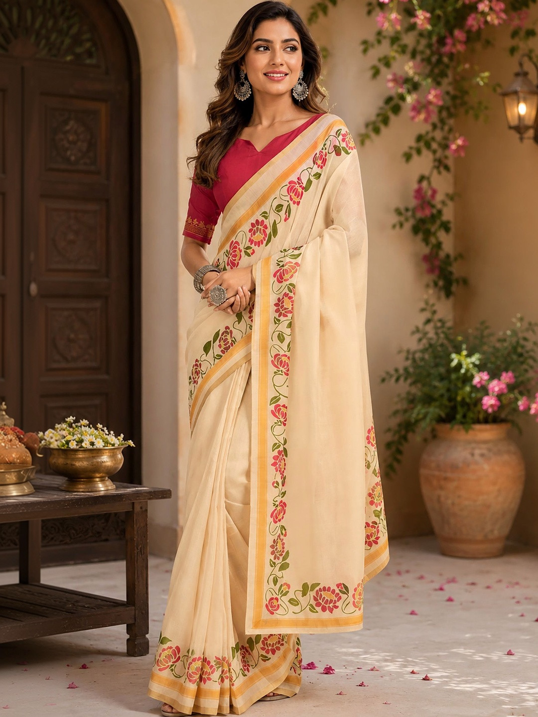 Elora Cream Chanderi Cotton Plain Printed Ready To Wear Saree