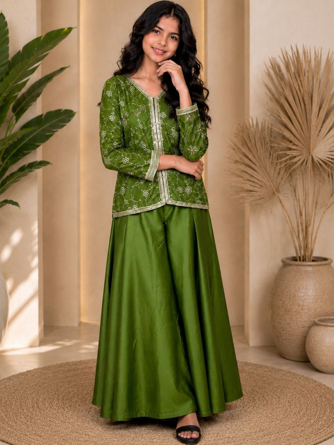Sangria Girls Embroidered Satin Round Neck Kurti & Palazzos