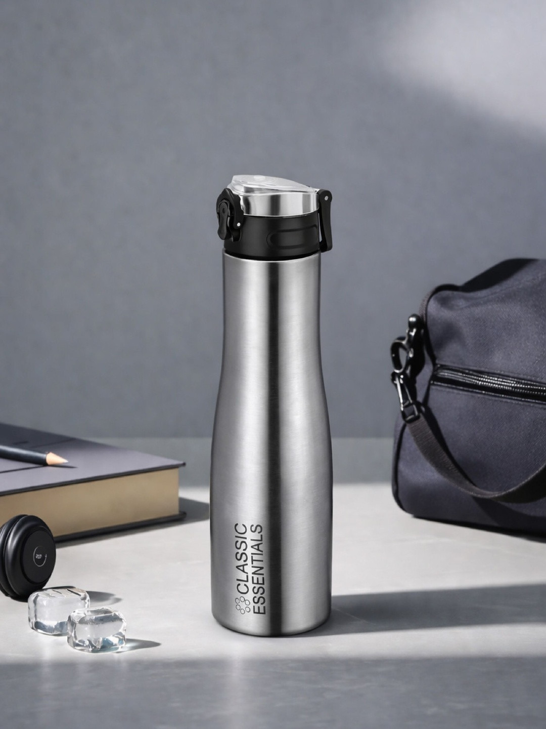 Classic Essentials Silver-Toned & Black Single Stainless Steel Brand Logo Water Bottle