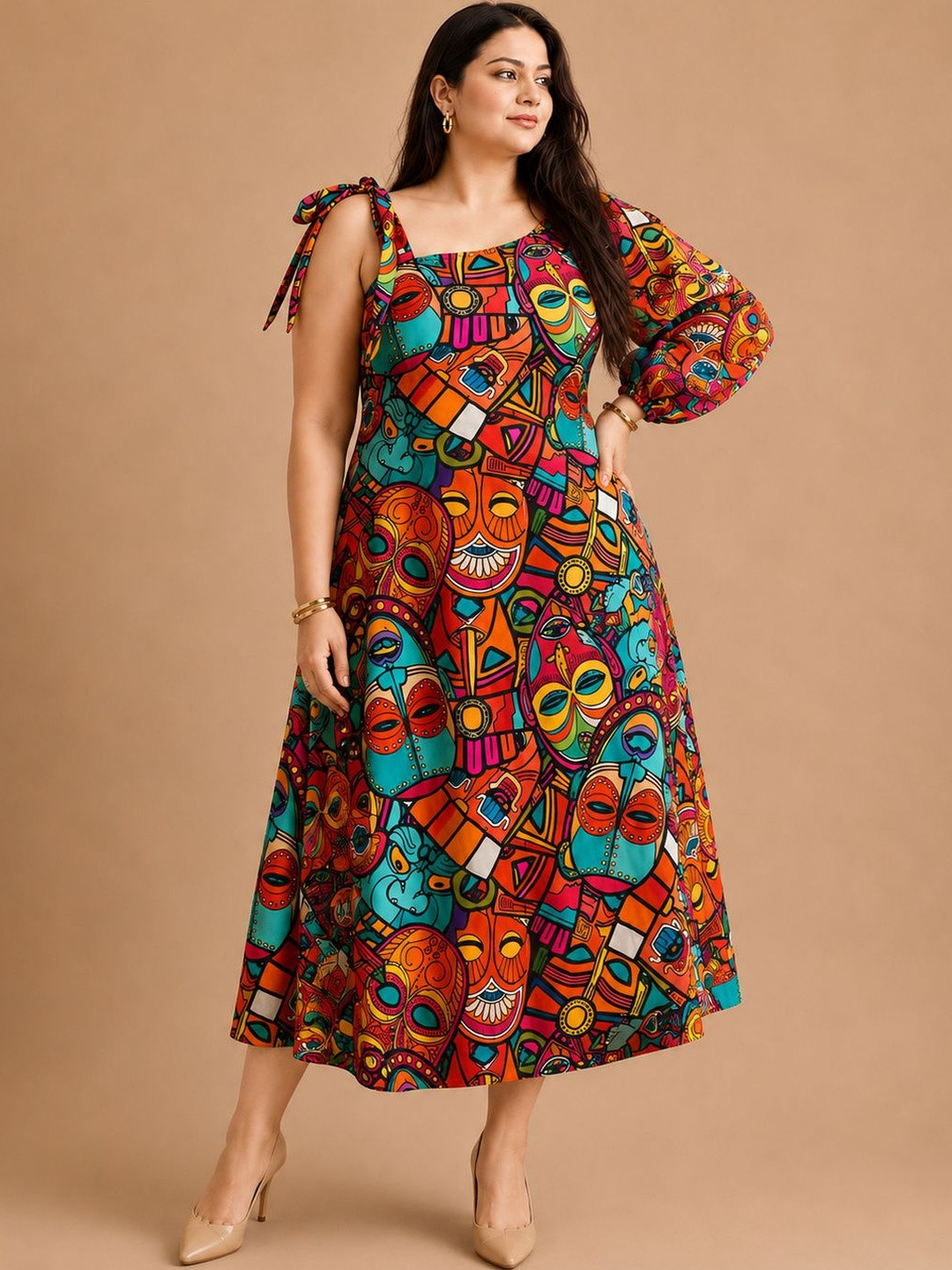 STYLLEY Tribal Print Puff Sleeve Fit & Flare Plus Size Midi Dress