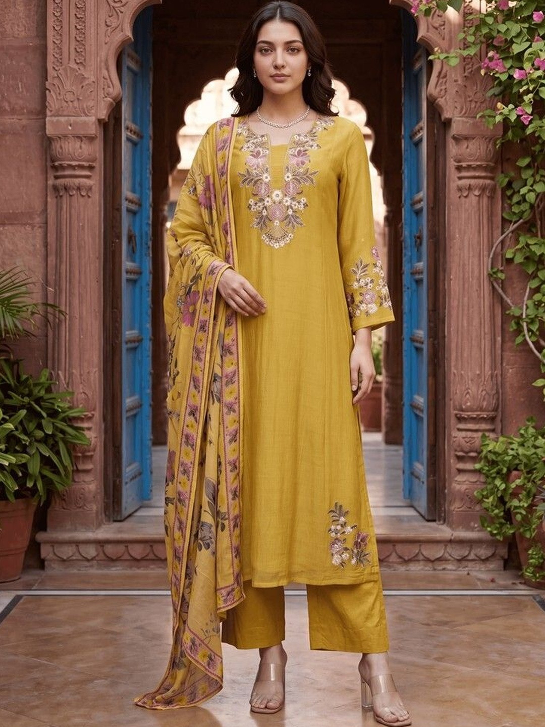Woomn Women Floral Embroidered Regular Thread Work Pure Cotton Kurta with Trousers & With Dupatta
