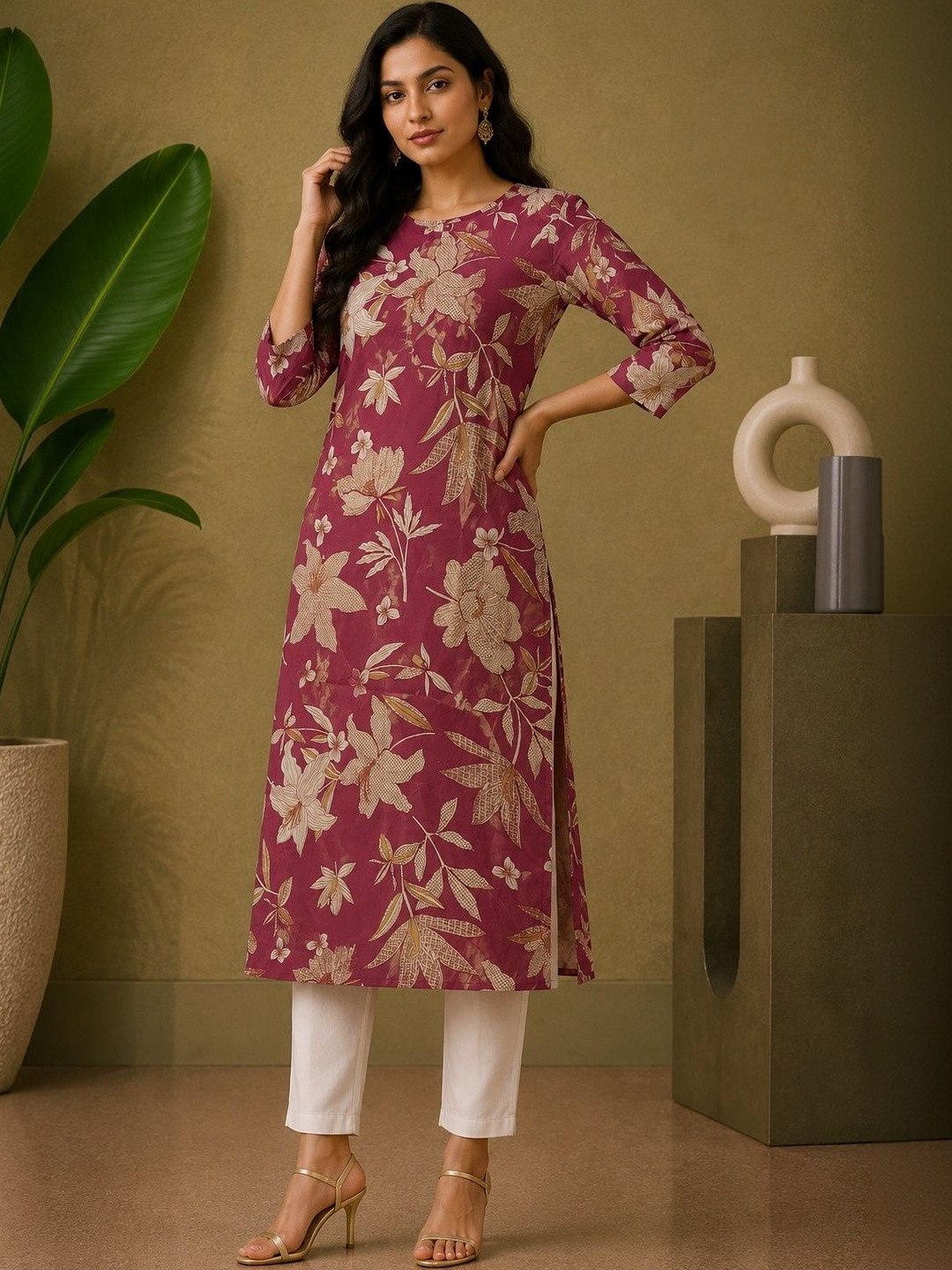 JANKHANA Women Floral Printed Indie Prints Crepe Kurta