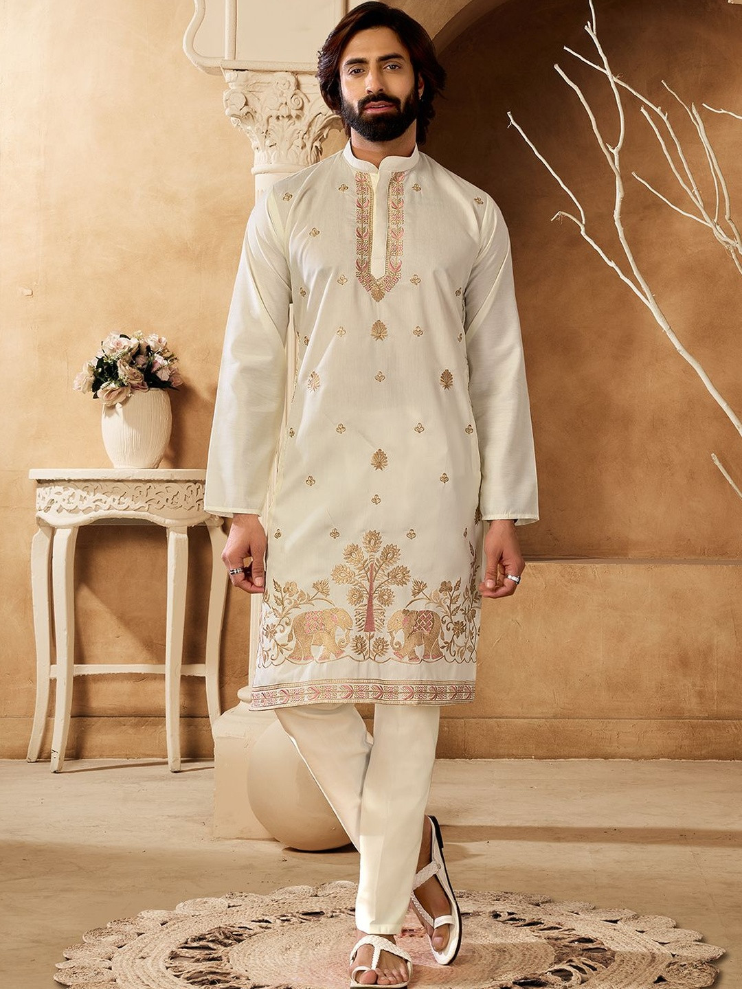 House of Pataudi Embroidered Mandarin Collar Kurta & Trousers