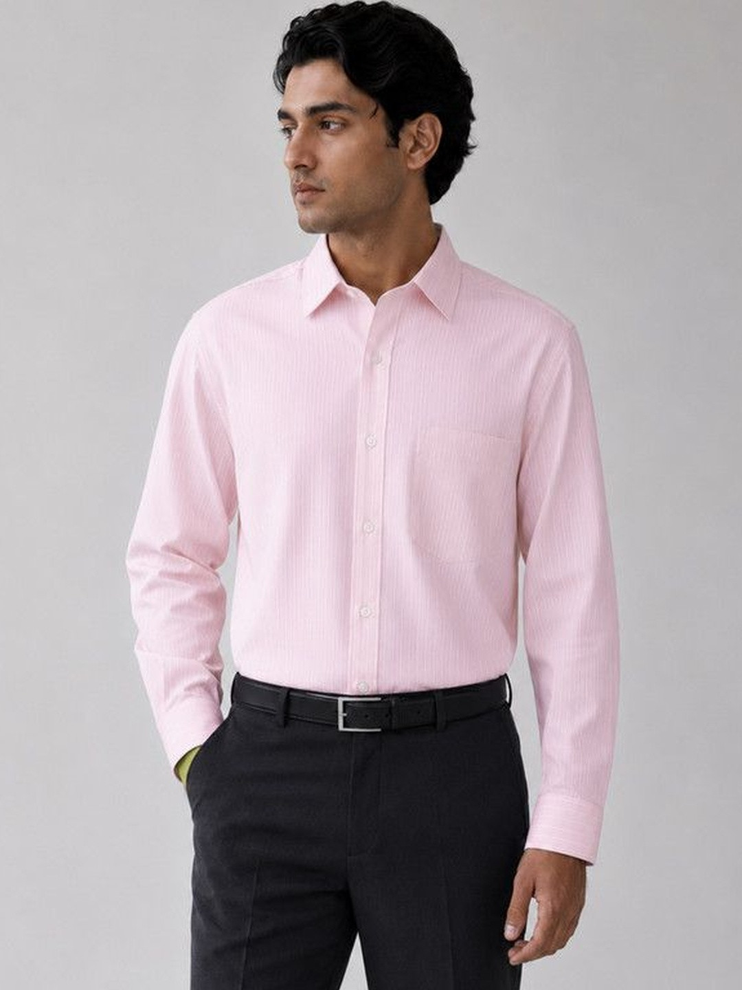 FRANKSHIRT Men Light Pink Pinstriped Oxford Cotton Regular Fit Full Sleeve Casual Shirt