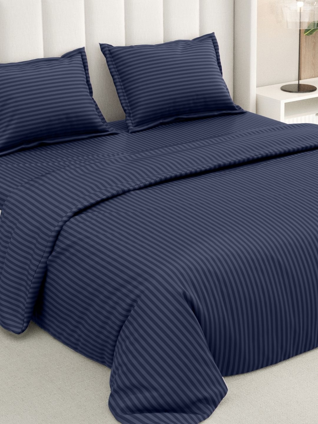 RIVERMOOR Navy Blue Striped 200 TC Double Bed Bedsheet with 2 Pillow Covers