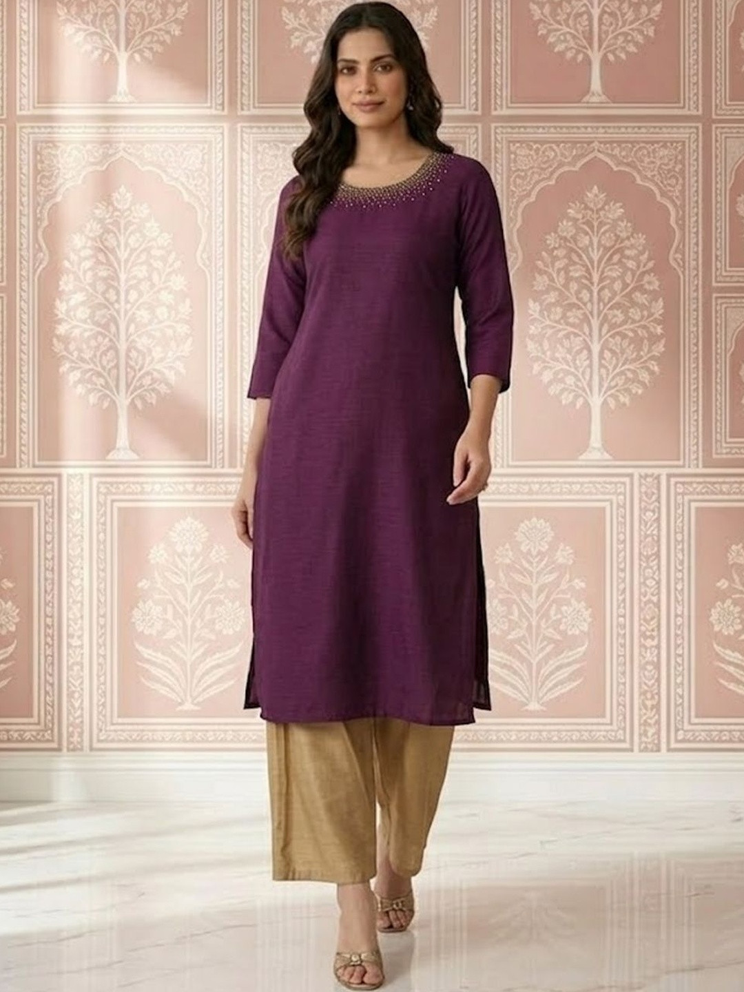 Sangria Sequinned Embellished Round Neck Straight Kurtas