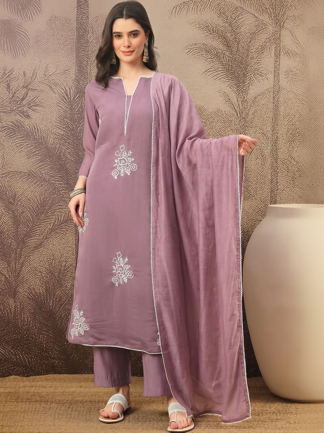Sangria Embroidered Chanderi Cotton Round Neck Kurta & Palazzos With Dupatta