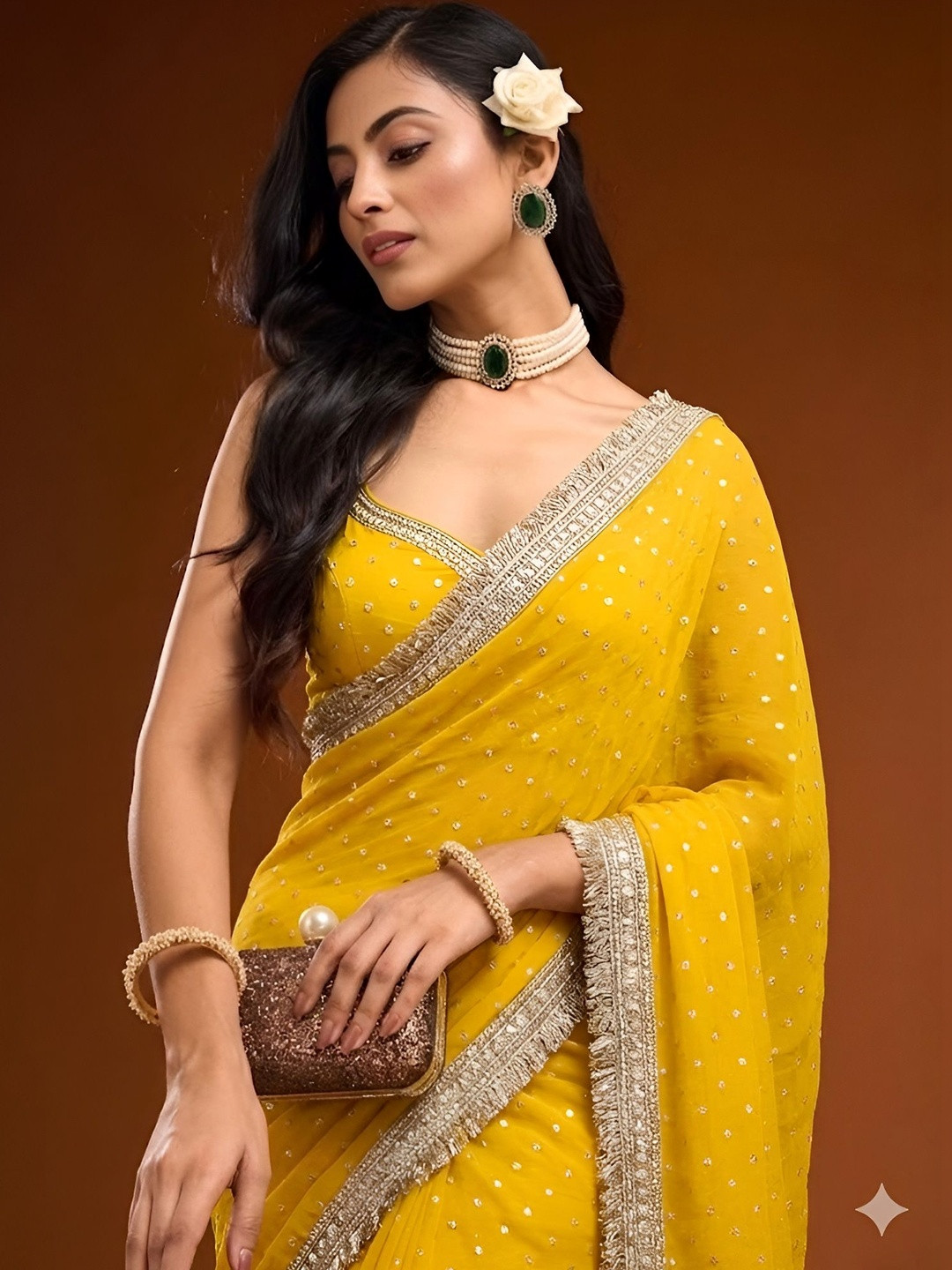 VRAGI Embellished Sequinned Silk Blend Heavy Work Saree