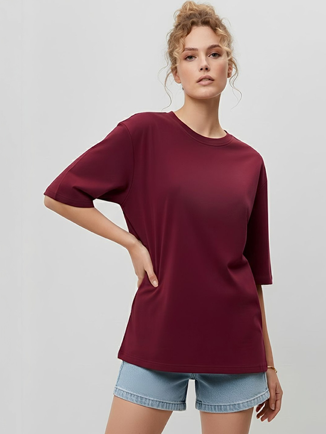 COLORCART Women Plain Maroon Oversized T-shirt