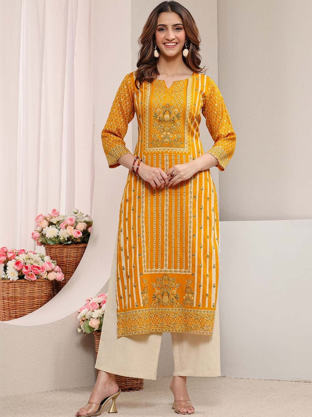 Libas Mustard Ethnic Printed Cotton Straight Kurta
