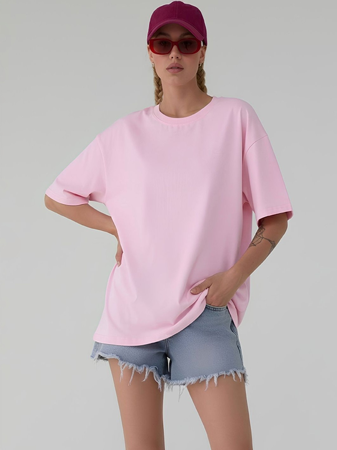 COLORCART Women Plain Pink Oversized T-shirt
