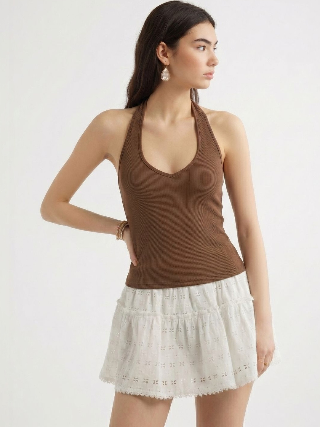 Quintessentials Women Brown Ribbed Halter Neck Sleeveless Crop Top