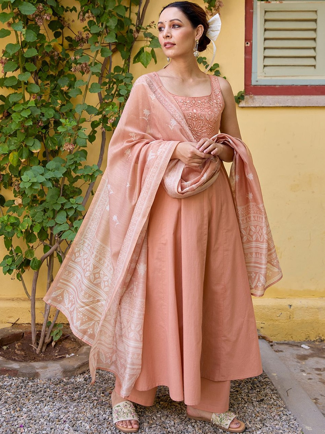 anayna Women Embroidered Panelled Thread Work Pure Cotton Kurta with Trousers & With Dupatta