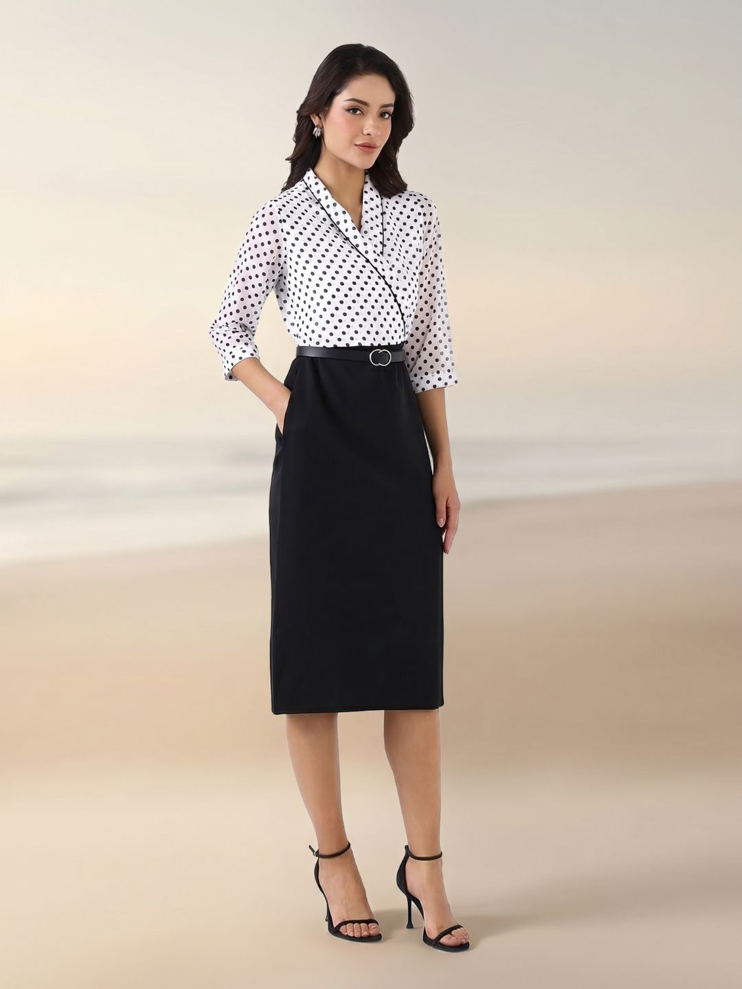 PowerSutra Women Black Polka Dot Knee Length Dress