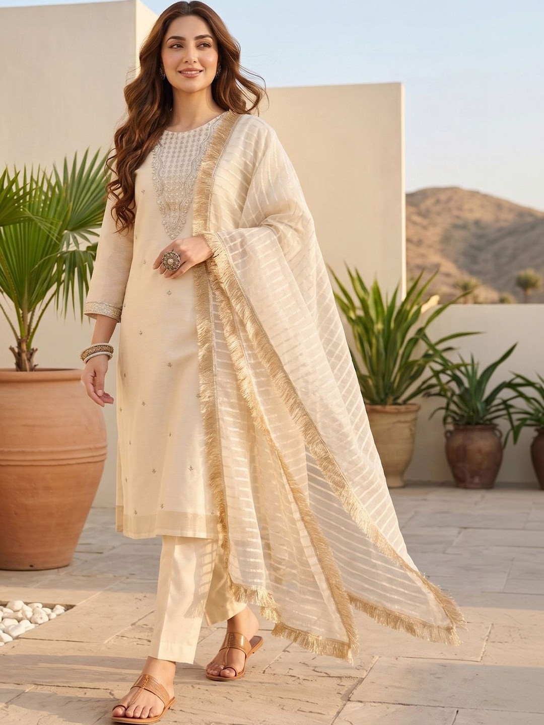Varanga Women Ethnic Motifs Embroidered Regular Thread Work Kurta with Trousers & With Dupatta