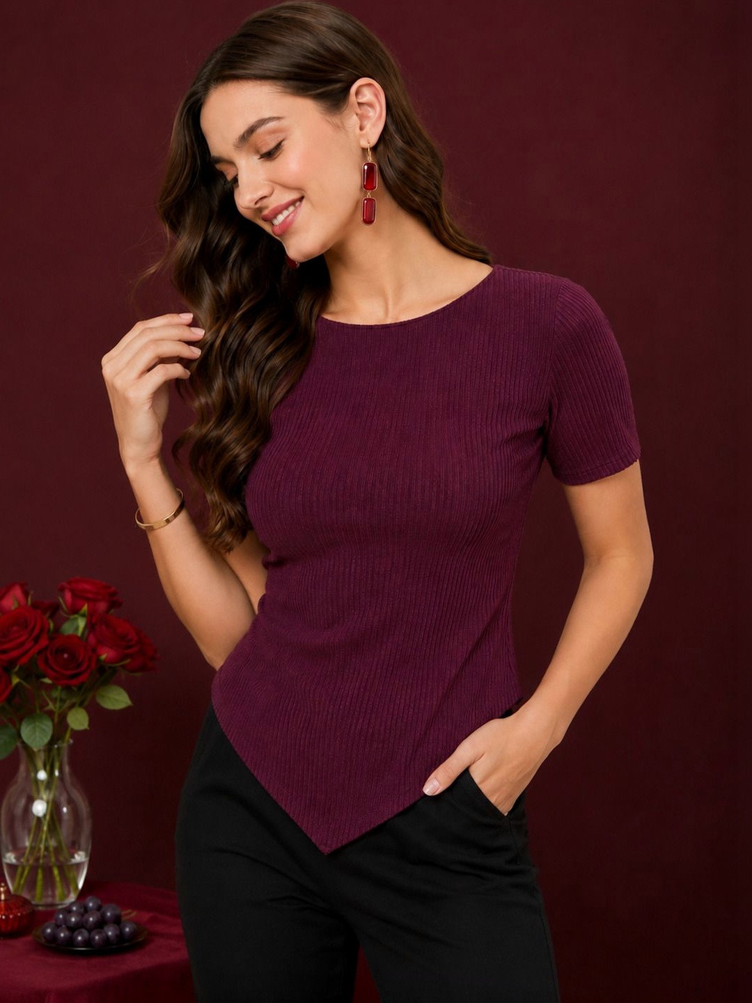 Maroon Ribbed Round Neck Short Sleeve Top