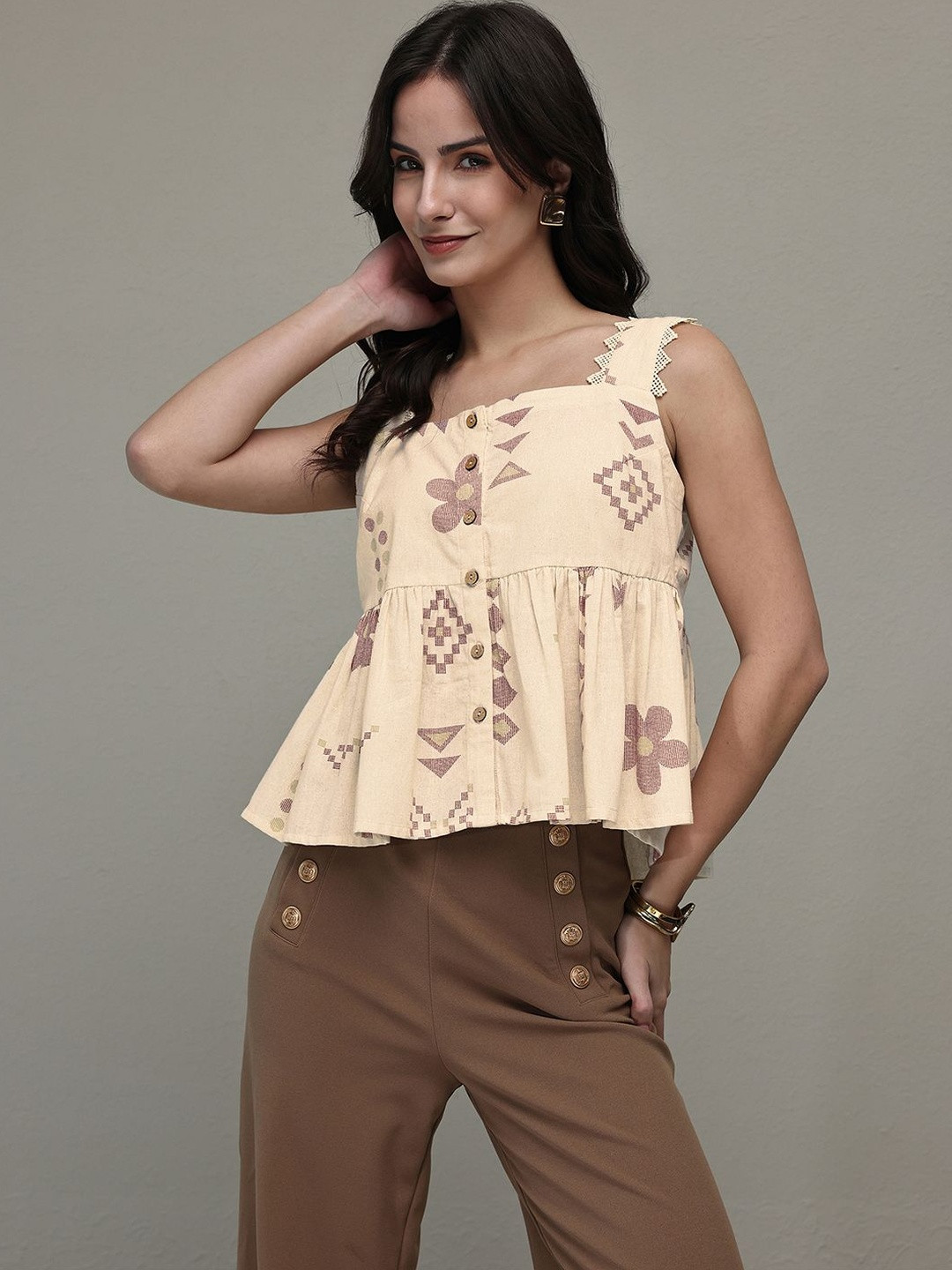 Libas Off White Geometric Printed Cotton Peplum Top
