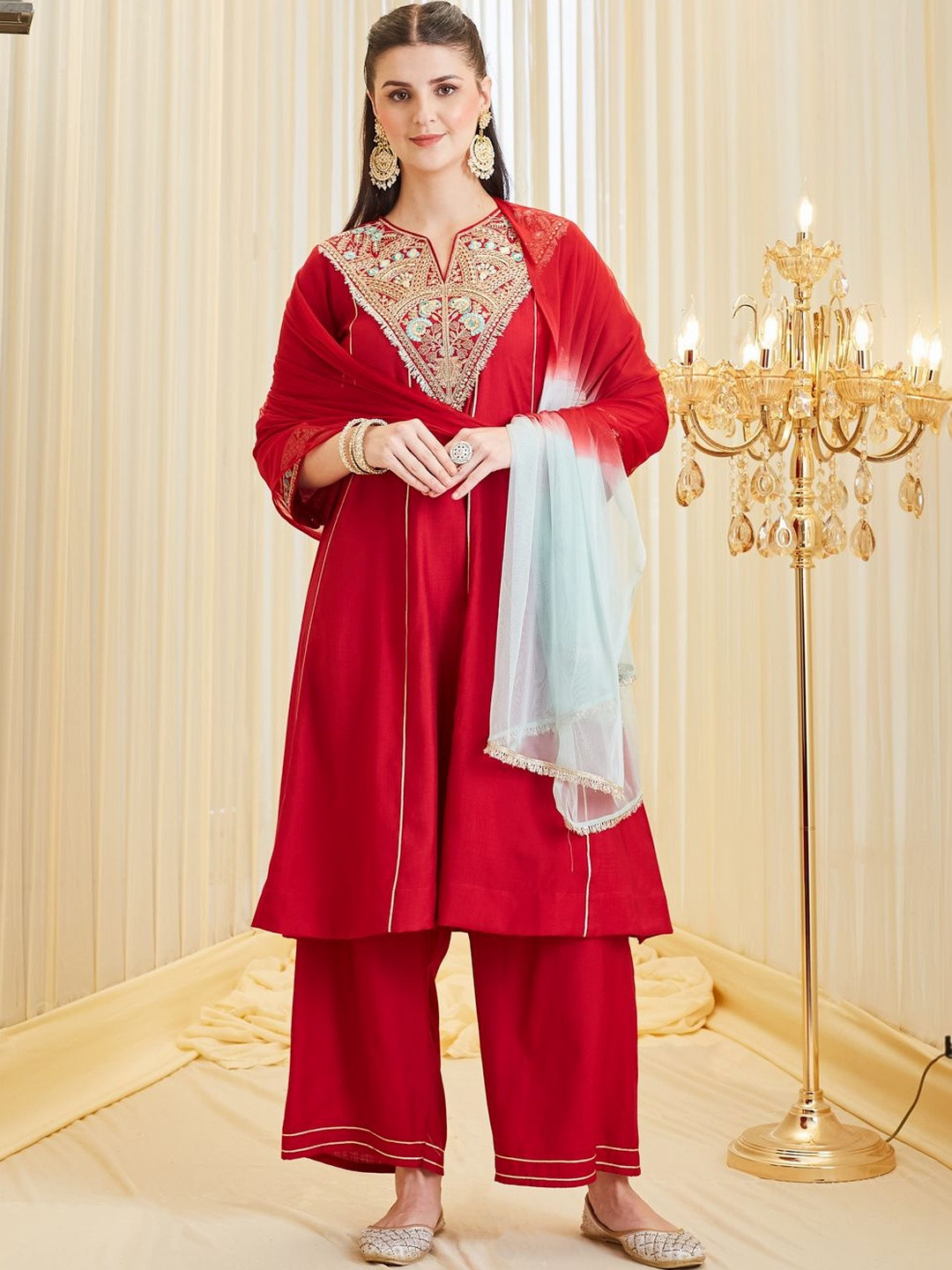 MOKOSH Women Red Silk Embroidered Anarkali Kurta & Palazzo Set With Dupatta