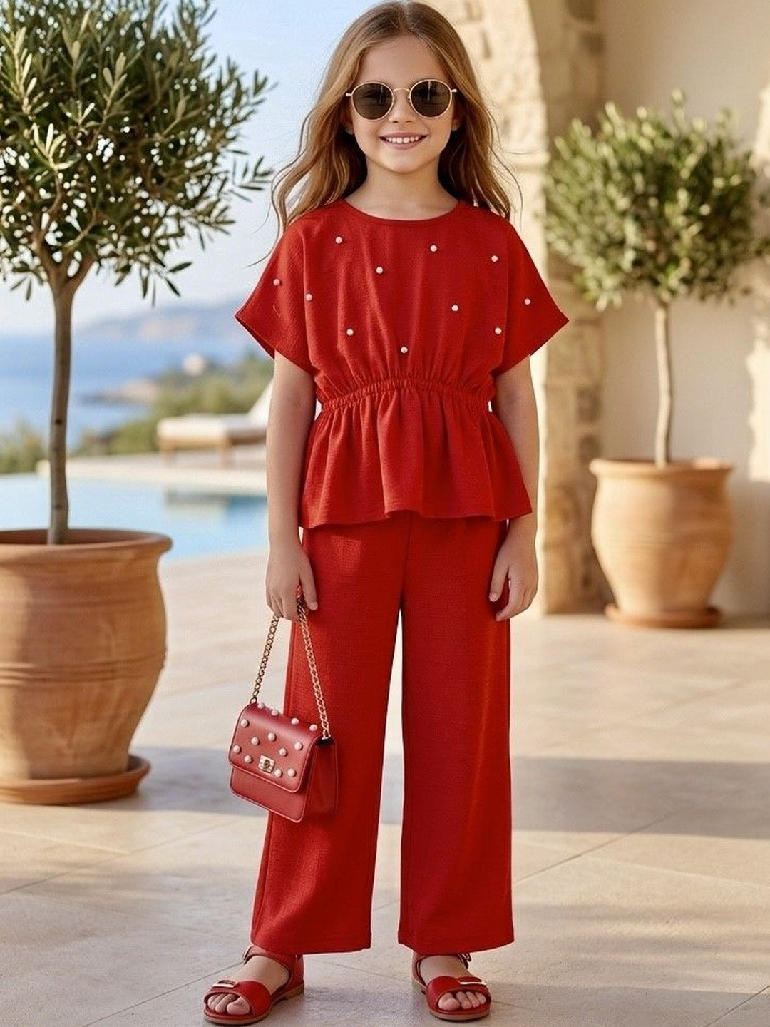 TRUFFLES Ruffled Embellished Top with Palazzos