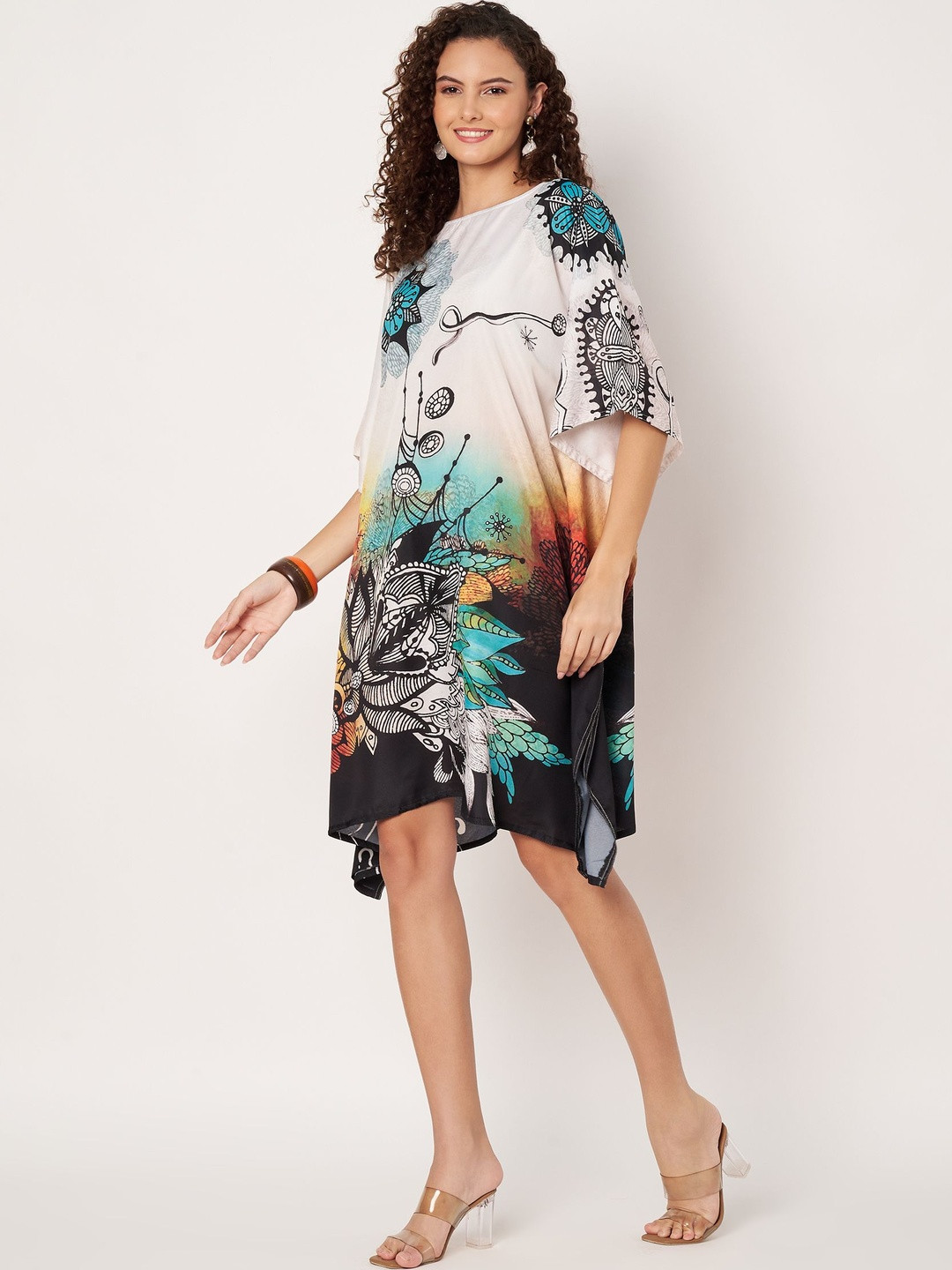 SWI Stylish Print Kimono Sleeve Georgette Kaftan Dress