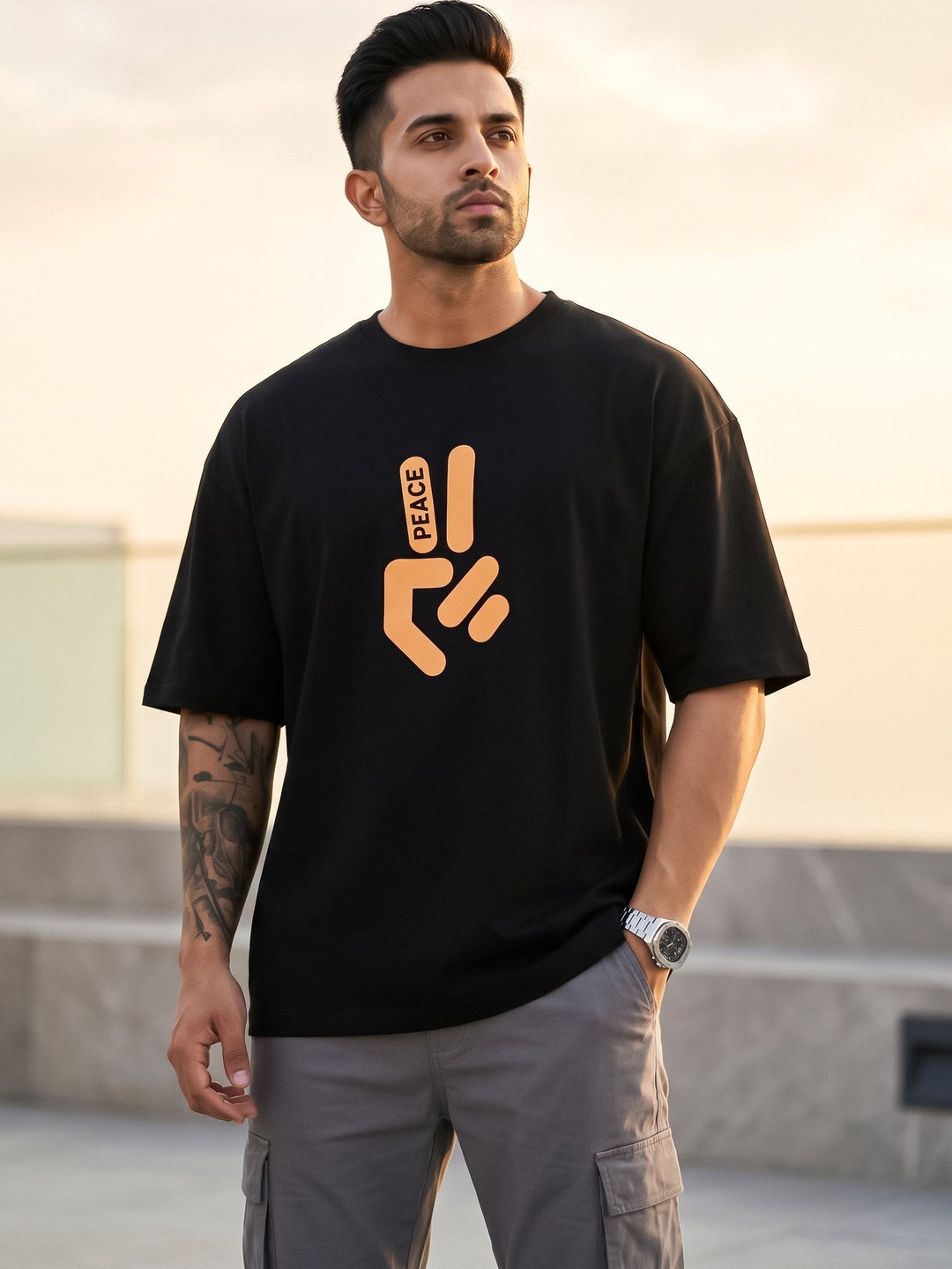 Men's Oversized Typography Printed T-shirt with Drop-Shoulder Sleeves