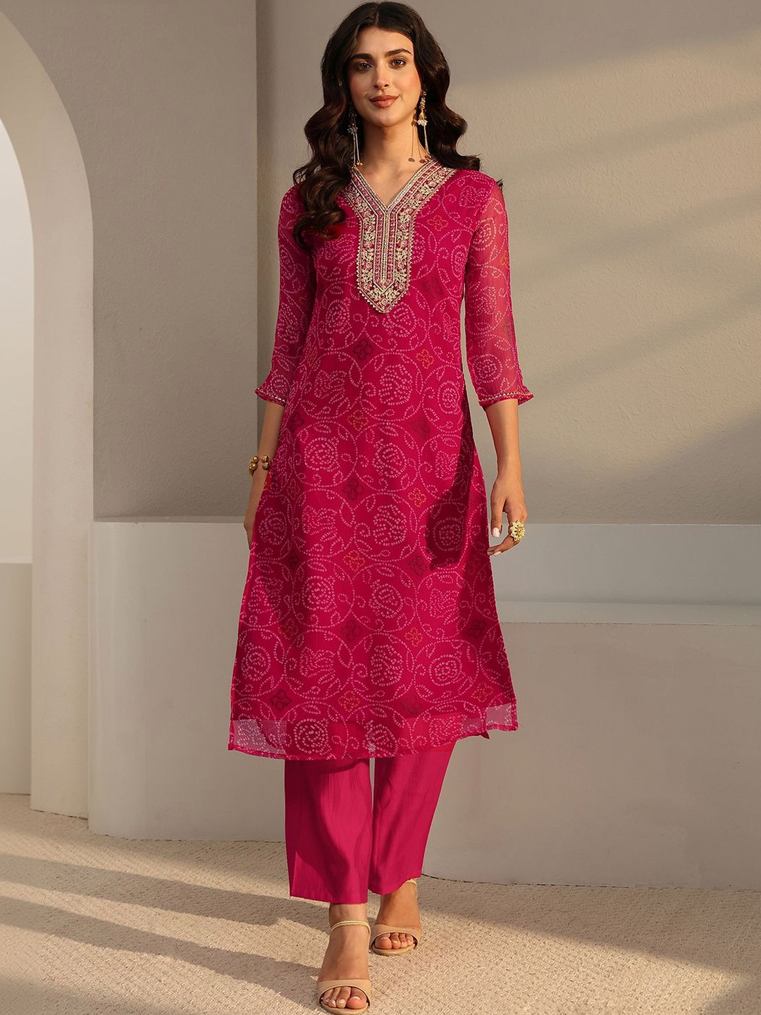 Libas Pink Bandhani Printed Chiffon Straight Kurta