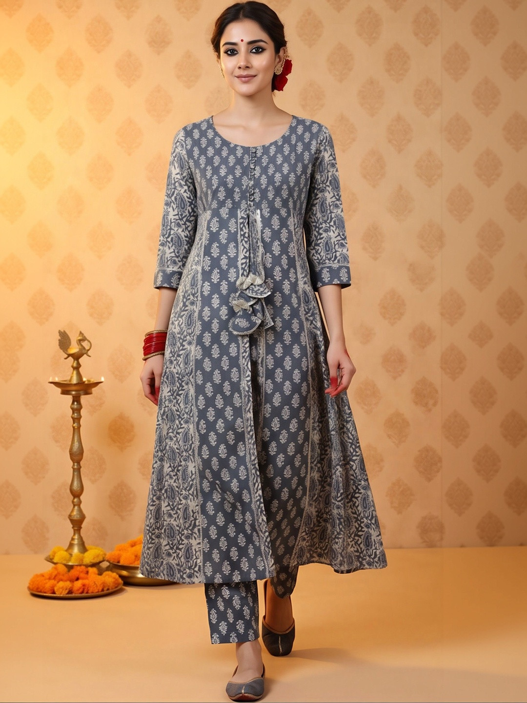 SOURAGYA Women Ethnic Motifs Printed Pure Cotton Kurta with Trousers & With Dupatta