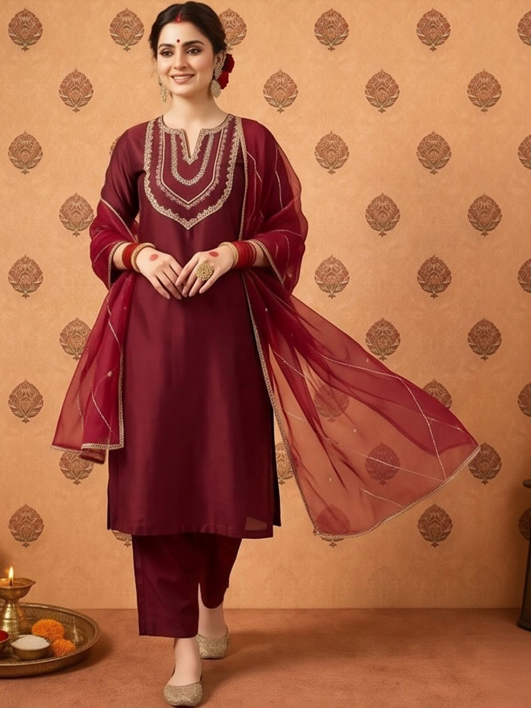 SOURAGYA Women Ethnic Motifs Embroidered Regular Thread Work Kurta with Trousers & With Dupatta