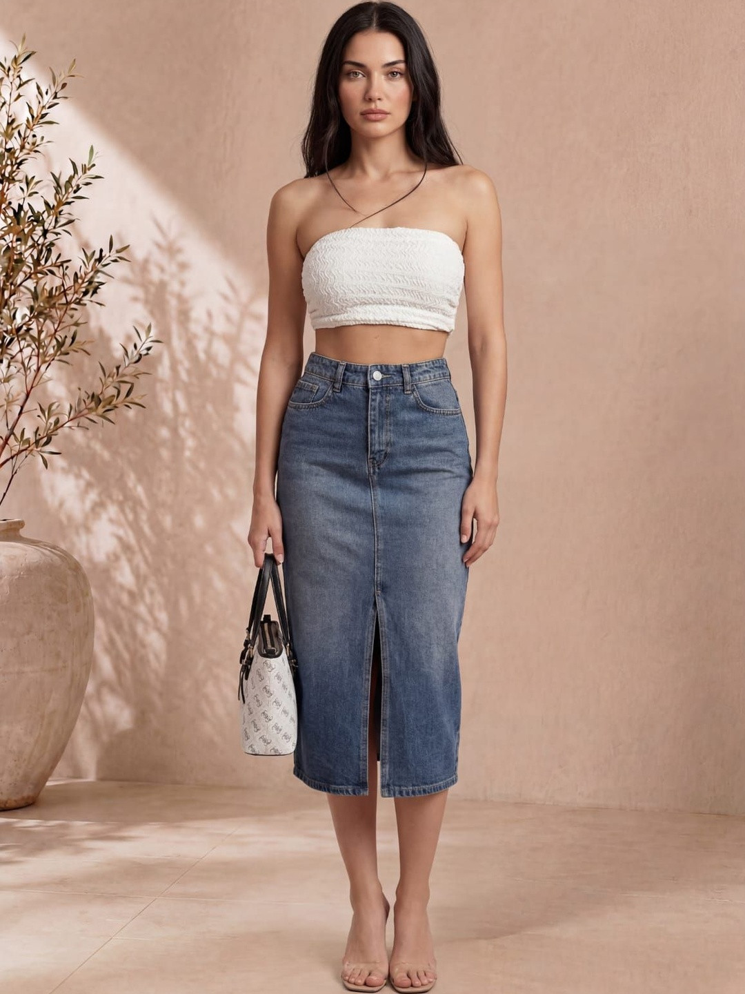 Roadster Women Denim Washed Front Slit Midi Straight Skirt