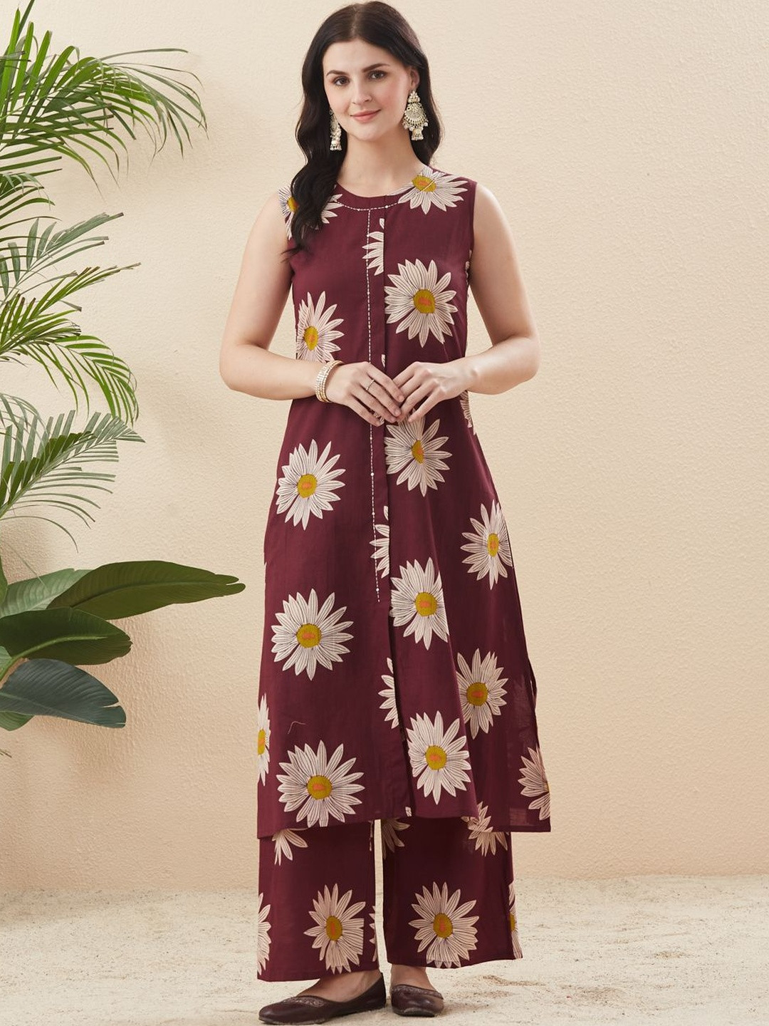 MOKOSH Women Berry Cotton Printed Kurta & Palazzo Co-Ords Set