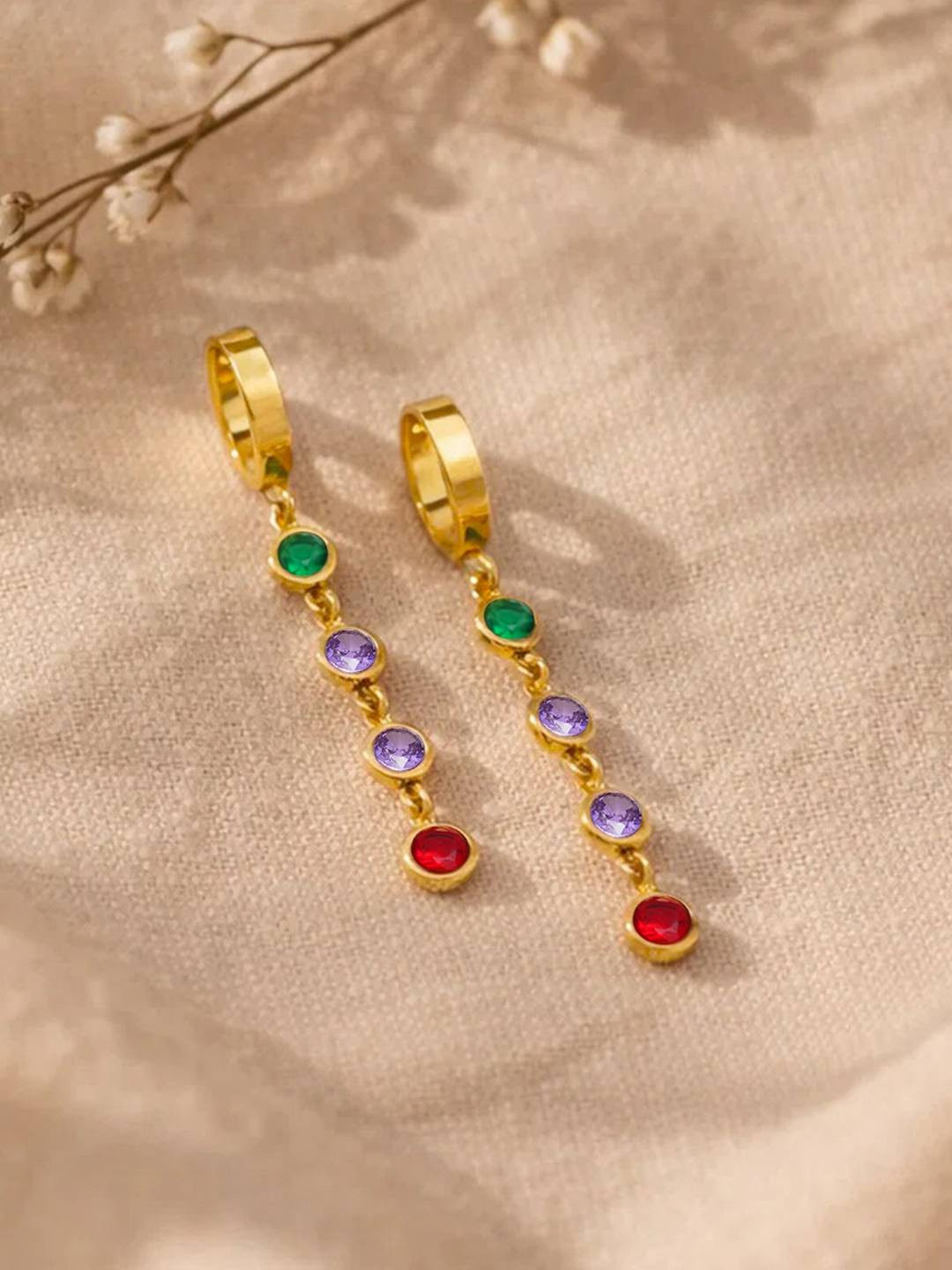 Rubans Demifine 18k Gold Plated Stainless Steel Multi-Gem Crystal Dangler Earrings