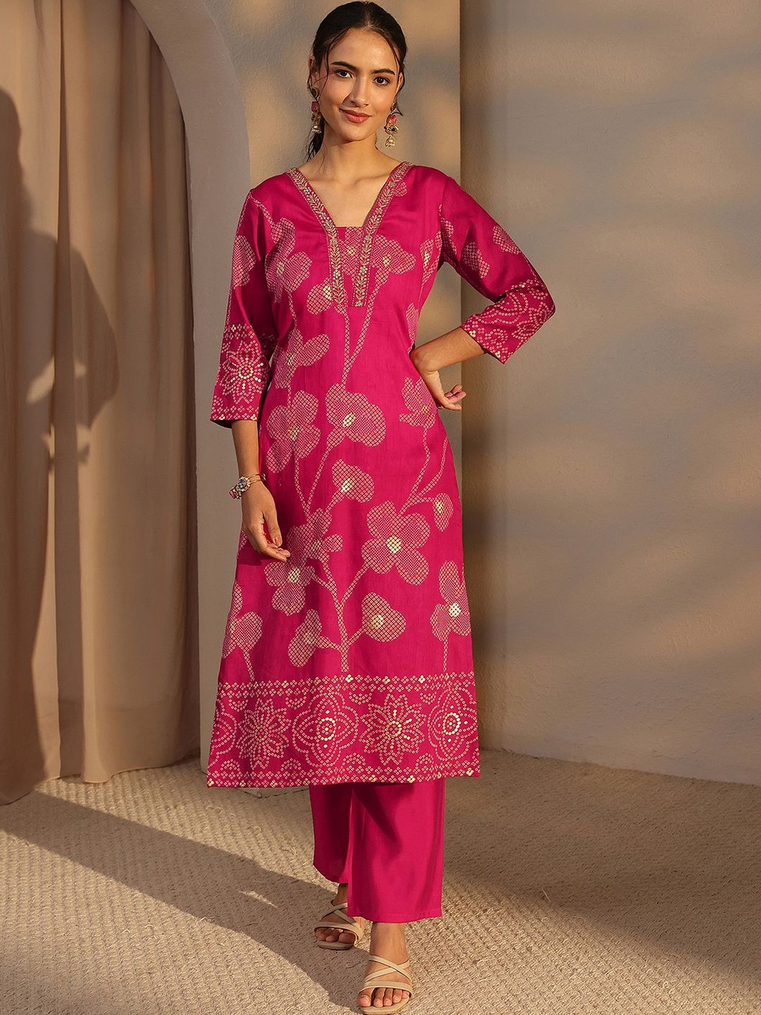 Libas Pink Bandhani Printed Cotton Straight Kurta