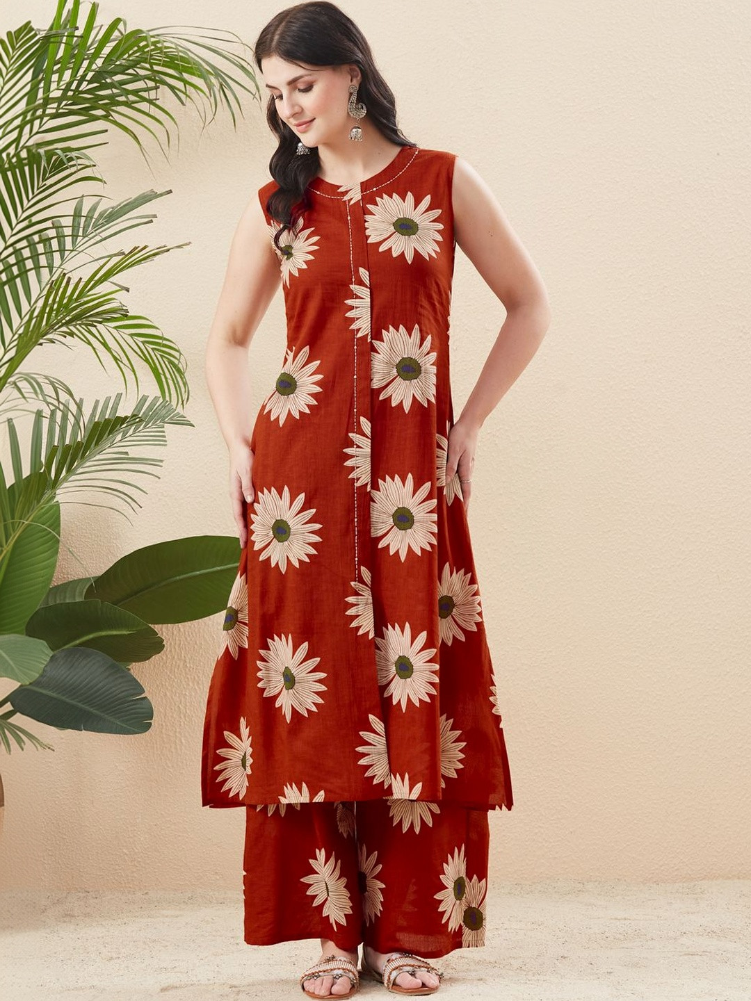 MOKOSH Women Orange Cotton Printed Kurta & Palazzo Co-Ords Set
